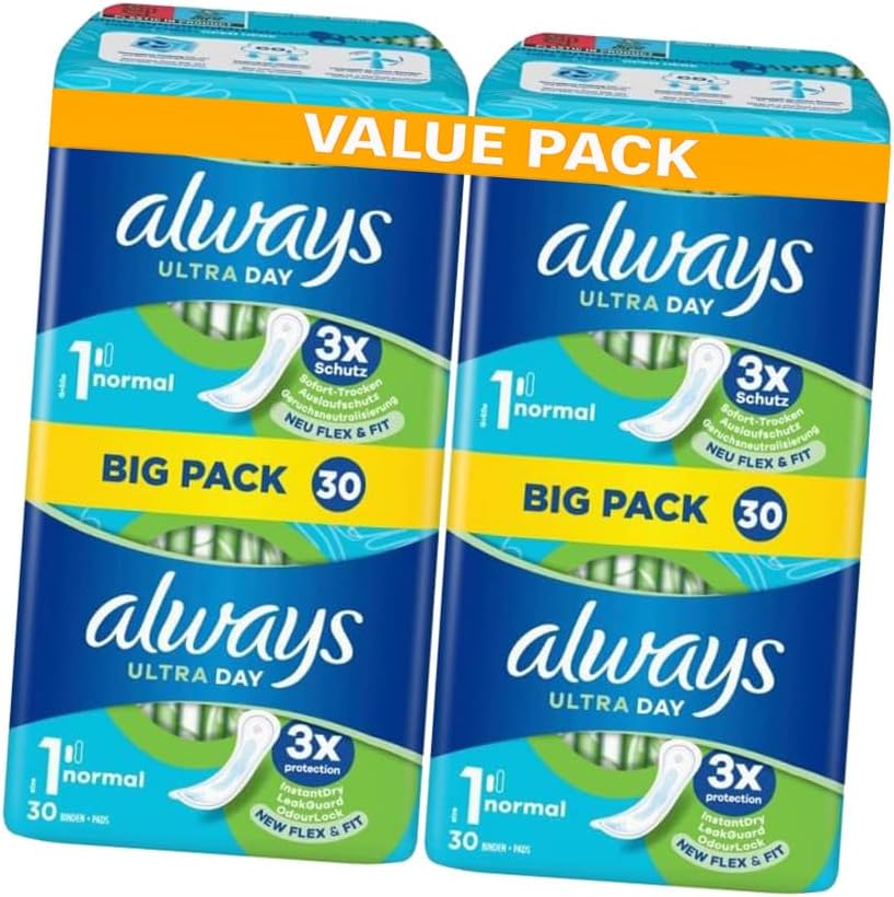 Always Ultra Day Sanitary Pads Size 1 Normal - 60 Pads (2 Packs of 30) Big Pack for Reliable Daytime Protection and Comfort