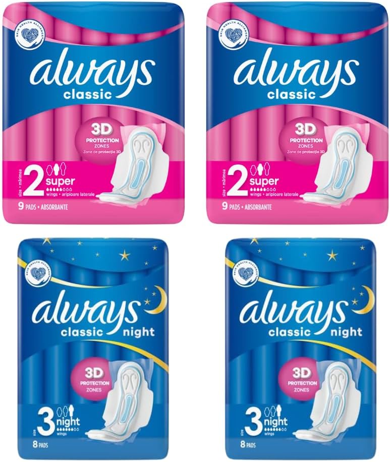 Always Classic Maxi & Night Sanitary Pads Bundle - 4 Packs (Size 2 & 3) | Day & Night Protection | 9x2 = 18 Maxi Pads | 8x2 = 16 Night Pads