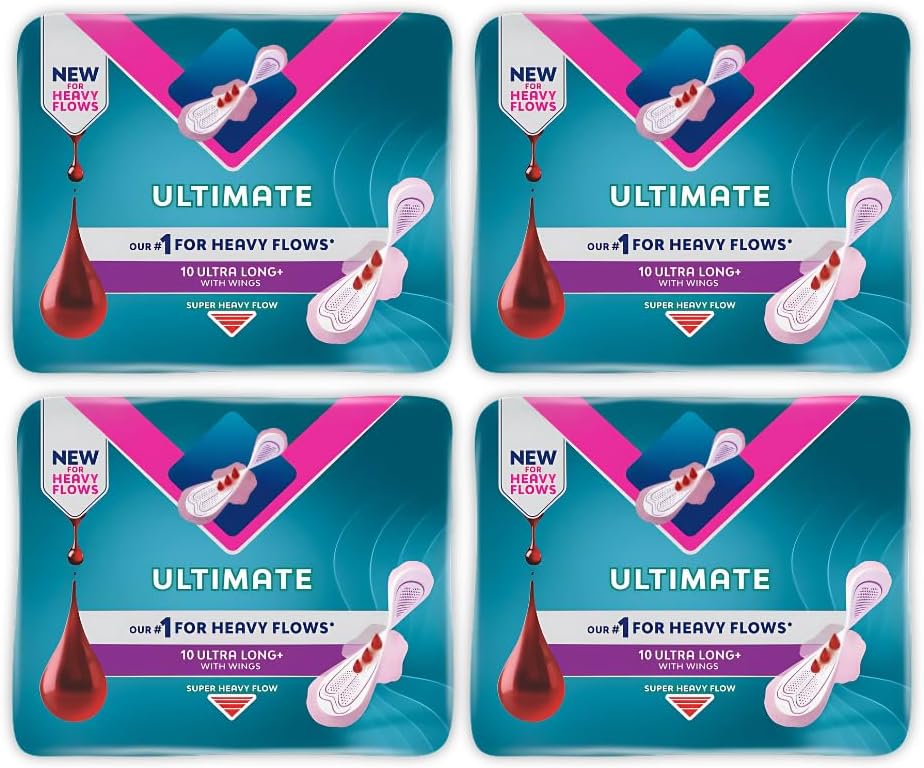 Ultimate Ultra Long+ Sanitary Pads for Super Heavy Flow with Wings, Extra Absorbent, Reliable Protection, 10 Pads Per Pack, Bundle of 4 (40 Total)