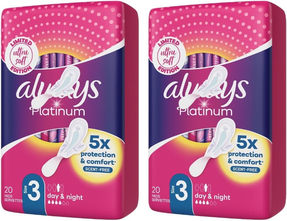 Always Platinum Sanitary Pads with Wings, Size 3 | 5X Comfort & Protection | Soft Wings, 3D LeakGuard & OdourLock | Bundle of 2 (20 Pads Each, 40 Total)