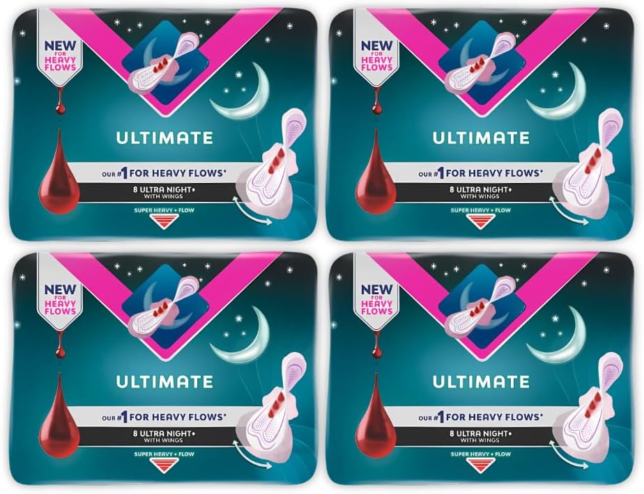 Bodyform Ultimate Ultra Night+ Sanitary Pads with Wings, Super Heavy Flow Protection, 8 Pads per Pack, Bundle of 4 (32 Pads Total)
