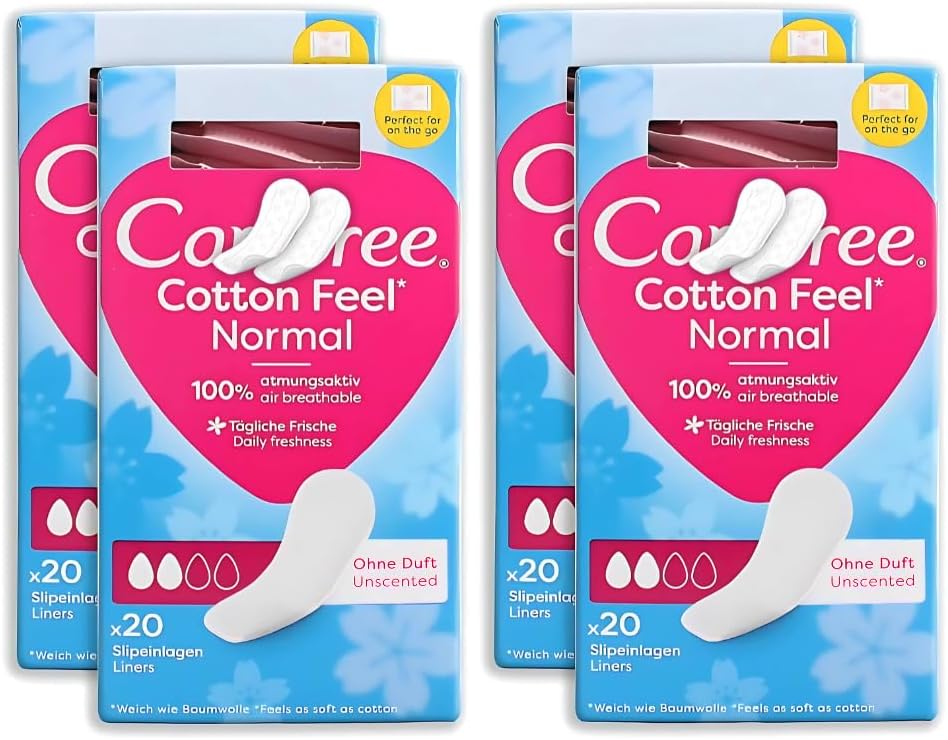 Care Free Cotton Feel Normal Fresh | Unscented Panty Liners | Bundle of 4 x 20 (80 Total) | Breathable, Extra Soft & Comfortable | Fits All Panty Shapes