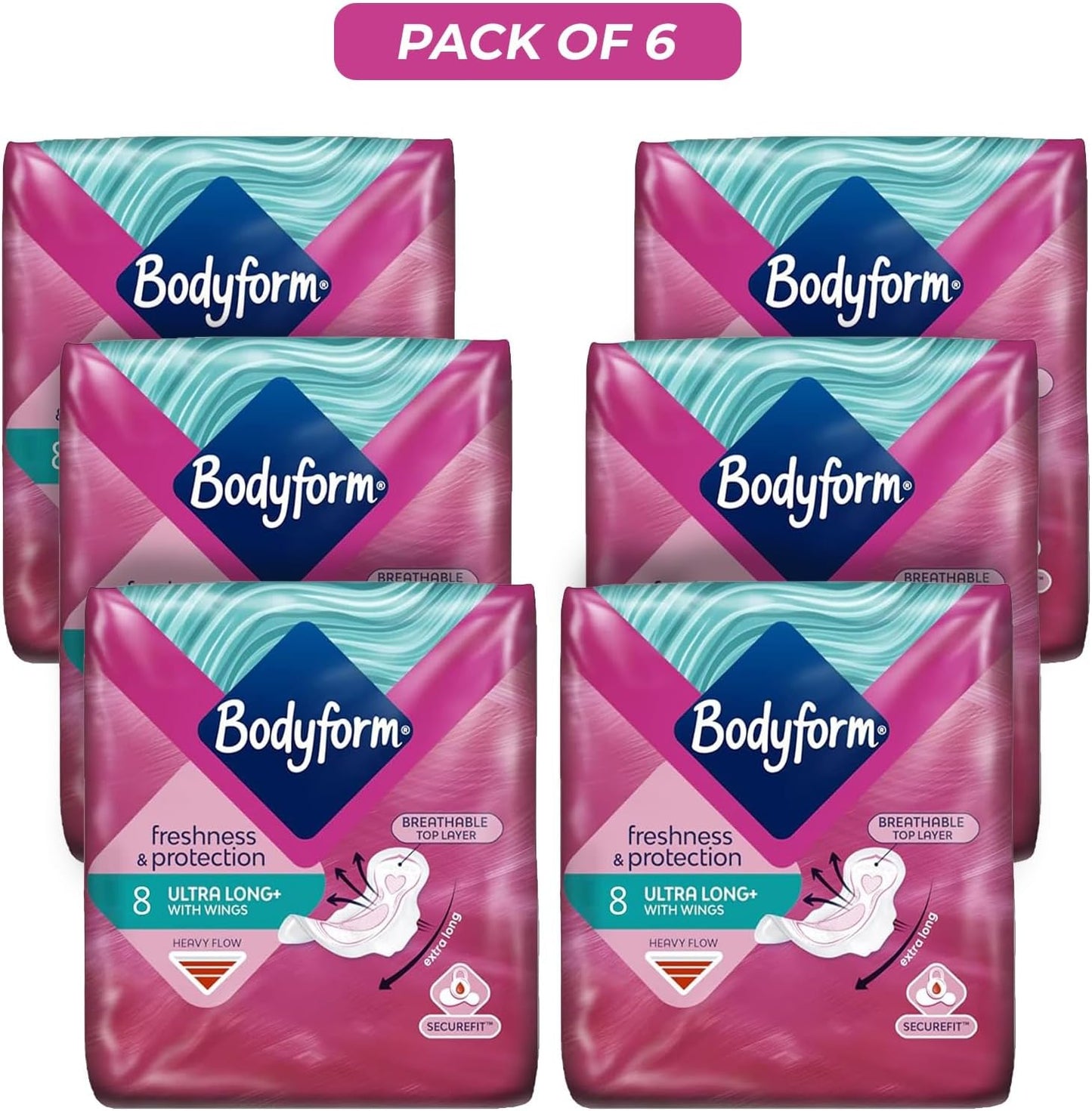 Bodyform 8 Ultra Long Sanitary Towels with Wings Pack of 6, 48 (8 x 6 Packs) Heavy Flow Breathable Top Layer Period Pads