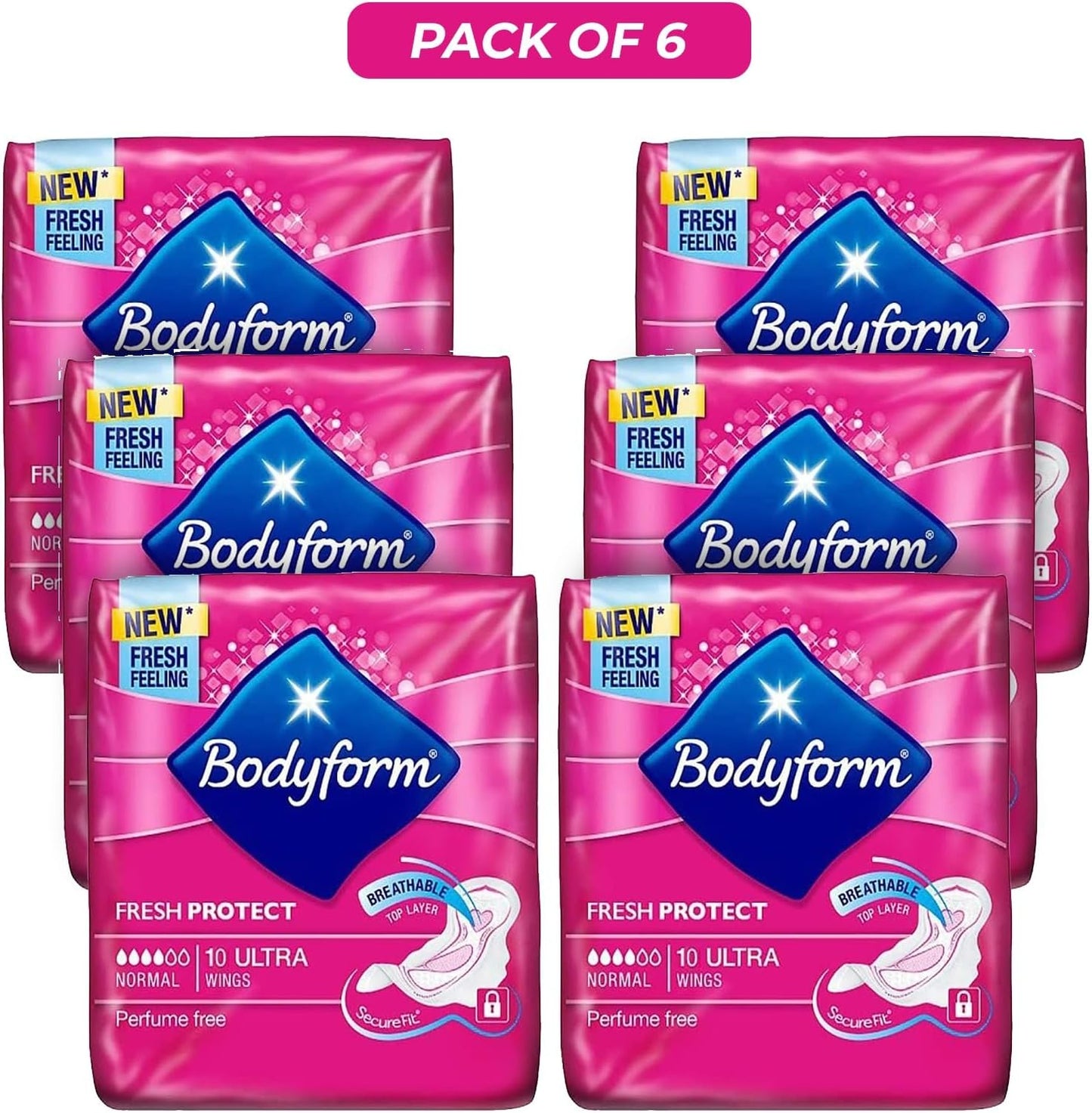 Bodyform 10 Ultra Sanitary Towels with Wings Pack of 6, 60 (10 x6 Packs) Perfume Free Period Pads, Normal Flow Cour-V Ultra