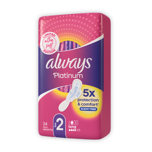 Always Platinum Sanitary Pads with Wings, Size 2, Bundle of 2 (24 Pads Each, 48 Total)