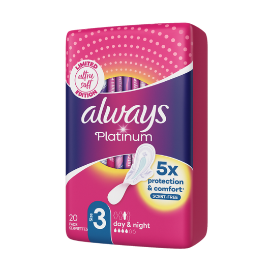 Always Platinum Sanitary Pads with Wings, Size 3, Bundle of 2 (20 Pads Each, 40 Total)