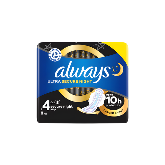 Always Ultra Sanitary Towels Secure Night (Size 4) wings, 8 pads (16 Total) Pack of 2