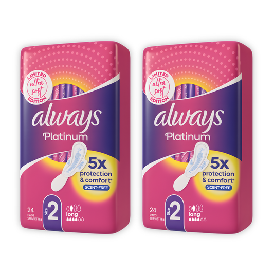 Always Platinum Sanitary Pads with Wings, Size 2, Bundle of 2 (24 Pads Each, 48 Total)