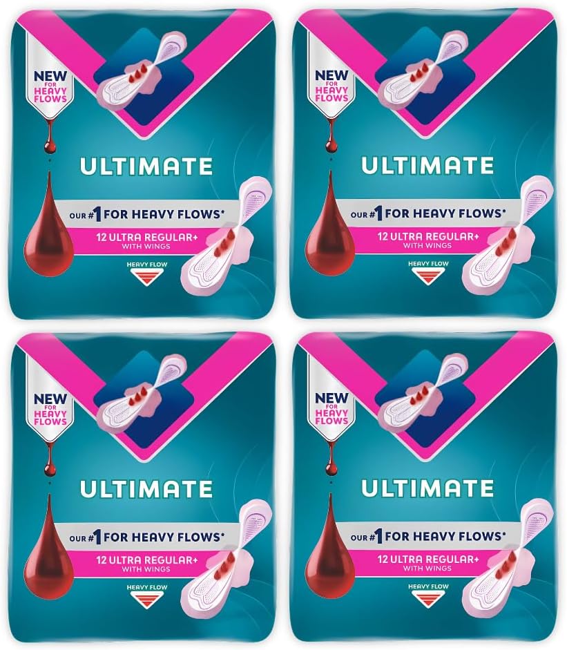 Bodyform Ultra Regular+ Sanitary Pads with Wings for Heavy Flow, Maximum Absorption & Comfort, 12 Pads Per Pack, Bundle of 4 (48 Total)