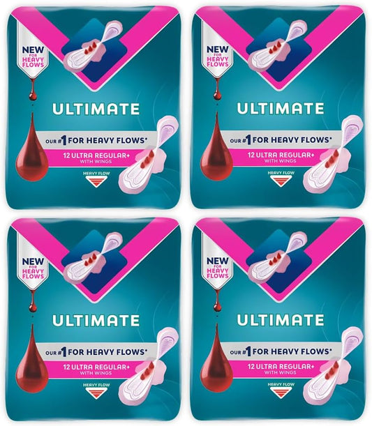 Bodyform Ultra Regular+ Sanitary Pads with Wings for Heavy Flow, Maximum Absorption & Comfort, 12 Pads Per Pack, Bundle of 4 (48 Total)