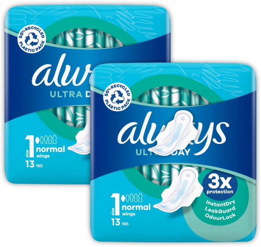 Always Ultra Day Sanitary Pads with Wings, Size 1 Normal – 13 Pads per Pack (Bundle of 2, Total 26 Pads) – Instant Dry, Leak Guard & Odour Lock Protection