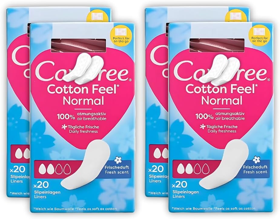Care Free Cotton Feel Normal Fresh Scent Panty Liners | Bundle of 4 x 20 (80 Total) | Lightly Scented, Breathable & Comfortable | Fits All Panty Shapes