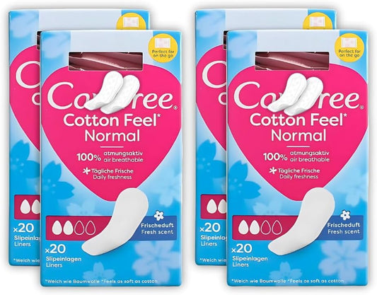 Care Free Cotton Feel Normal Fresh Scent Panty Liners | Bundle of 4 x 20 (80 Total) | Lightly Scented, Breathable & Comfortable | Fits All Panty Shapes
