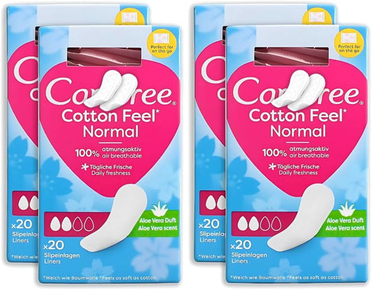 Care Free Cotton Feel Pantyliners | Aloe Vera Scented | Bundle of 4 | 80 Count (4 x 20) | Ultra-Soft & Breathable | Sanitary Towels | Suitable for All Panty Shapes