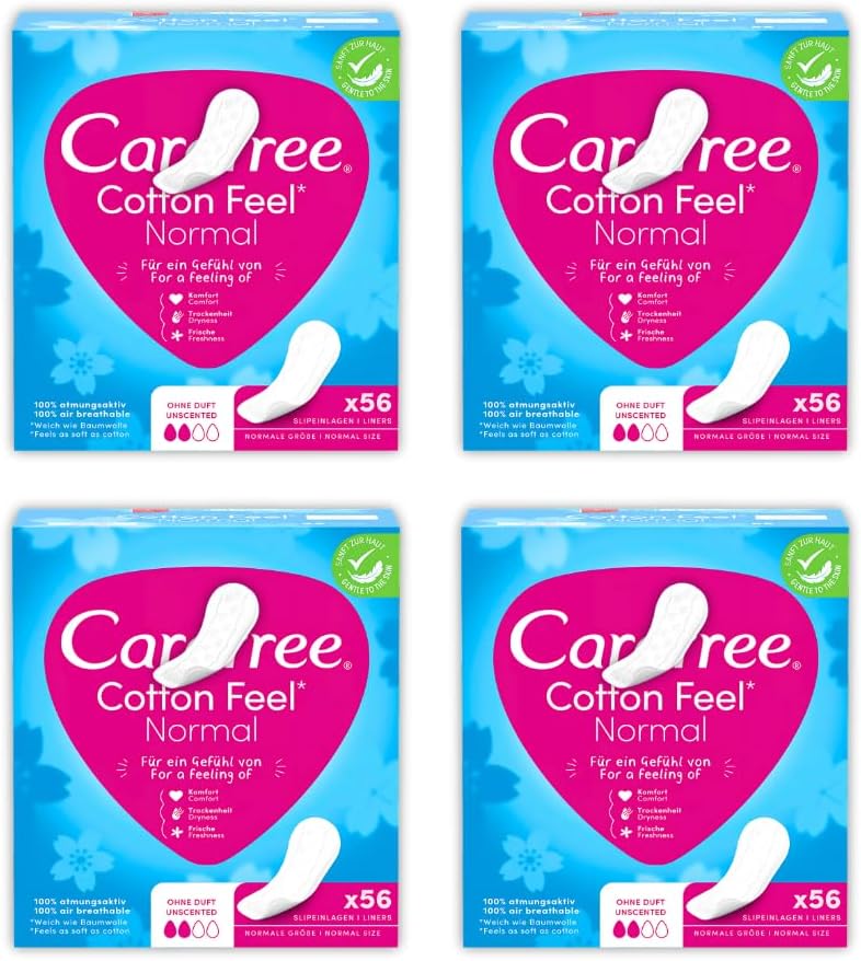 Care Free Cotton Feel Pantyliners Unscented Bundle of 4 | 224 Count (4 x 56) | Ultra-Soft & Breathable | Sanitary Towels | Suitable for All Panty Shapes