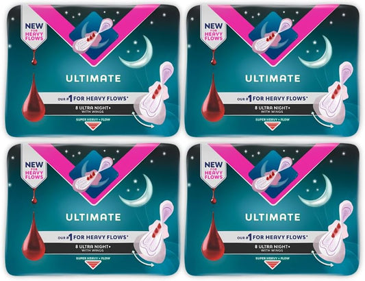 Bodyform Ultimate Ultra Night+ Sanitary Pads with Wings, Super Heavy Flow Protection, 8 Pads per Pack, Bundle of 4 (32 Pads Total)