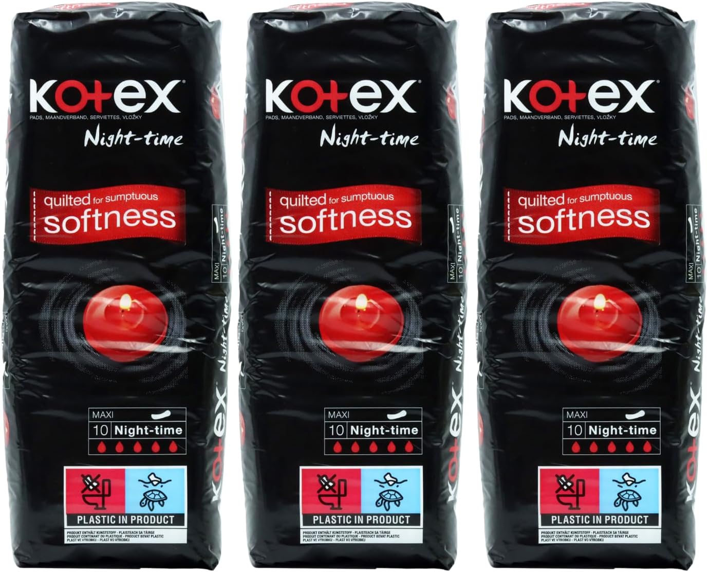 Kotex Maxi Night TIME Sanitary Towels 3 x 10 Pack Extra Absorbent Feminine Pads for Heavy Flow with Wings Designed for Overnight Protection Soft Cushioned Cover for Leak Prevention
