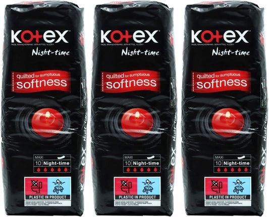 Kotex Maxi Night TIME Sanitary Towels 3 x 10 Pack Extra Absorbent Feminine Pads for Heavy Flow with Wings Designed for Overnight Protection Soft Cushioned Cover for Leak Prevention