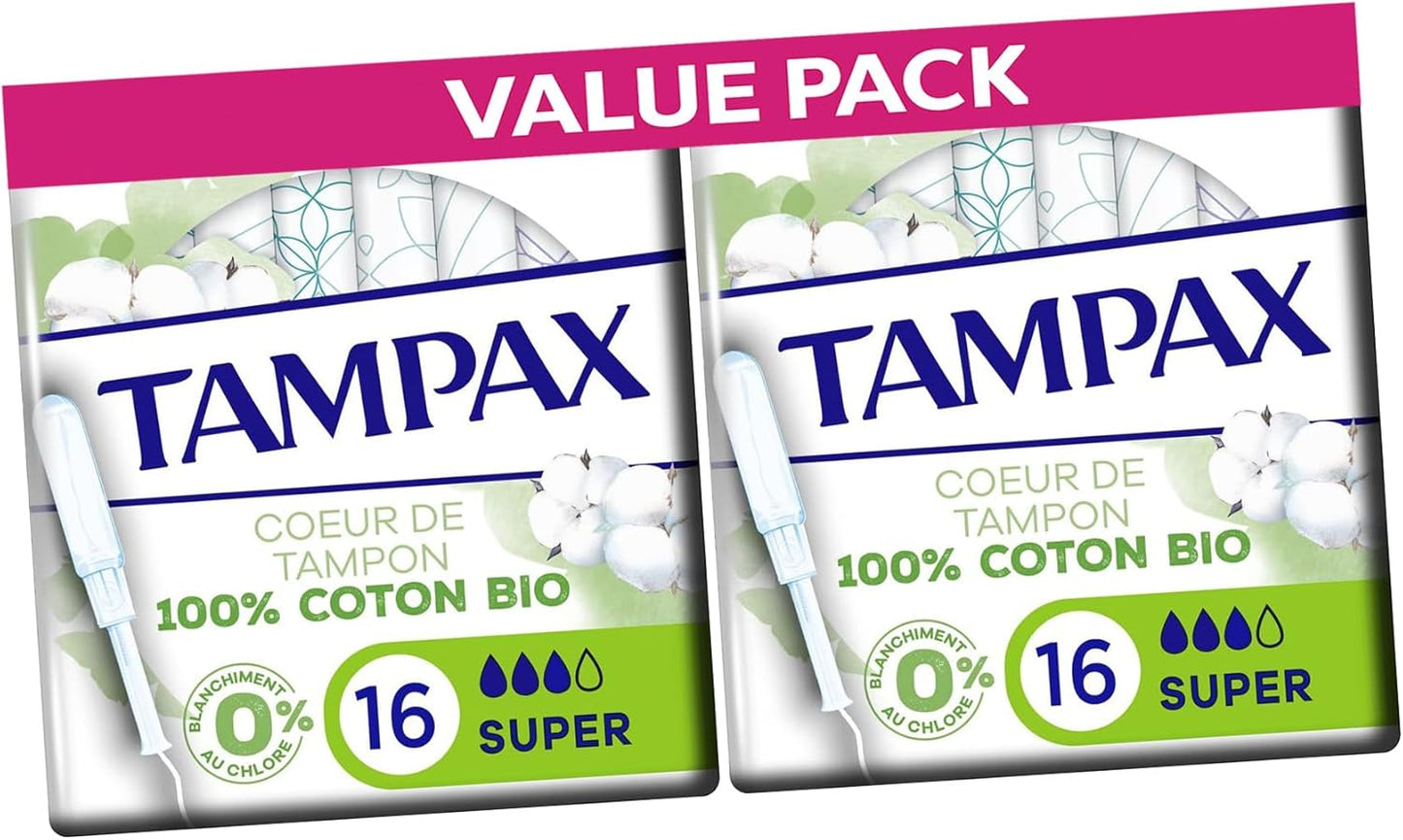 Tampax Cotton Protect Super Organic Tampons 32 Tampons (2 Packs of 16) – Organic Cotton Core with MotionFit Applicator and LeakGuard Braid for Medium to Heavy Flow