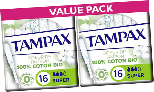 Tampax Cotton Protect Super Organic Tampons 32 Tampons (2 Packs of 16) – Organic Cotton Core with MotionFit Applicator and LeakGuard Braid for Medium to Heavy Flow
