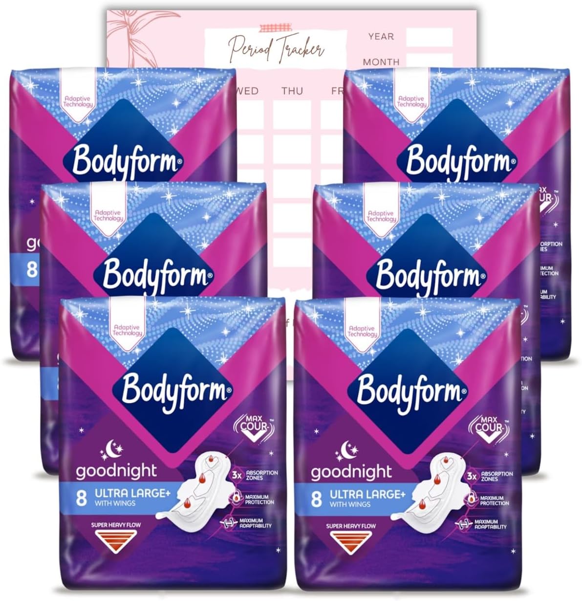 Bodyform Ultra Goodnight Sanitary Towels with Wings, 48 (8 x 6 Packs) Period Pads for Night Use, Super Heavy Flow