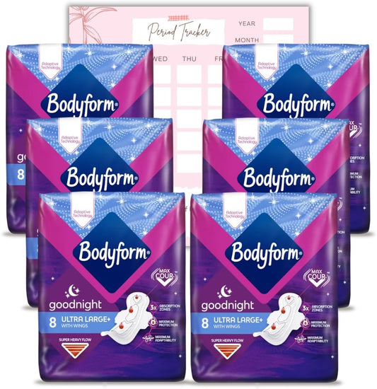 Bodyform Ultra Goodnight Sanitary Towels with Wings, 48 (8 x 6 Packs) Period Pads for Night Use, Super Heavy Flow