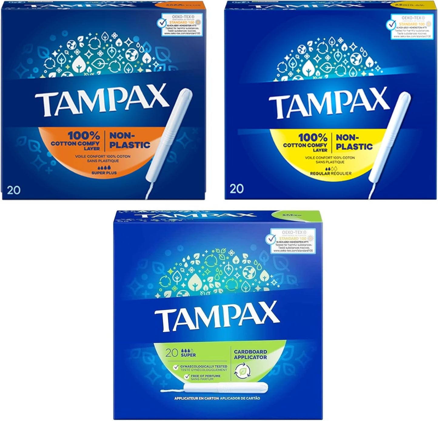 Tampax Tampons Multipack – 100% Cotton Comfy Layer, Non-Plastic, Cardboard Applicator – Regular, Super, Super Plus – 3 Packs x 20 (60 Tampons Total), Hypoallergenic & Perfume-Free