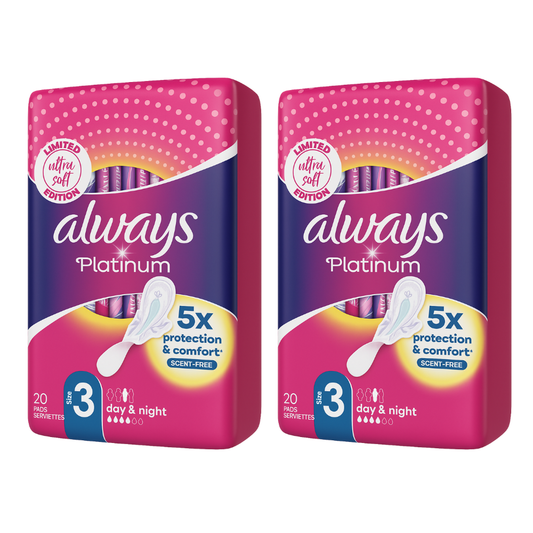 Always Platinum Sanitary Pads with Wings, Size 3, Bundle of 2 (20 Pads Each, 40 Total)