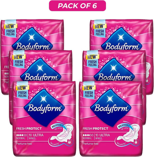Bodyform 10 Ultra Sanitary Towels with Wings Pack of 6, 60 (10 x6 Packs) Perfume Free Period Pads, Normal Flow Cour-V Ultra