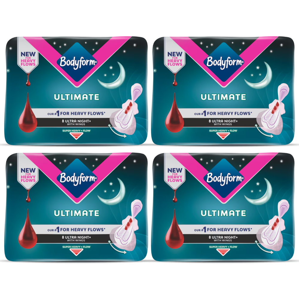 Body Form Ultimate Ultra Night+ Super Heavy+ Flow with Wings - Bundle of 4 (32 Pads Total)