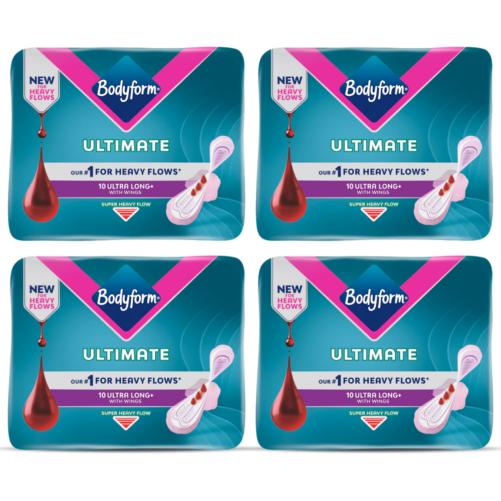 Body Form Ultimate Ultra Long+ Super Heavy Flow with Wings - Bundle of 4 (40 Pads Total)