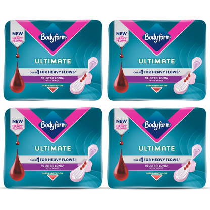 Body Form Ultimate Ultra Long+ Super Heavy Flow with Wings - Bundle of 4 (40 Pads Total)