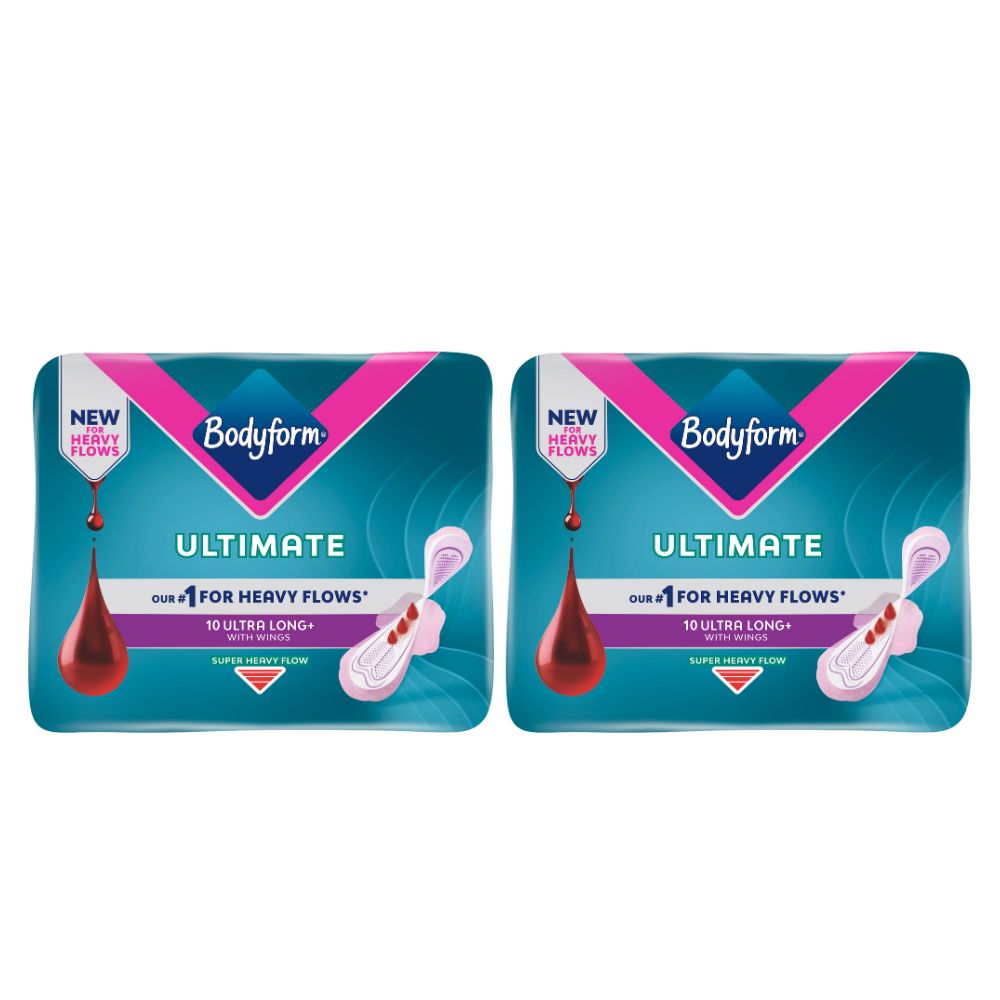 Body Form Ultimate Ultra Long+ Super Heavy Flow with Wings - Bundle of 2 (20 Pads Total)