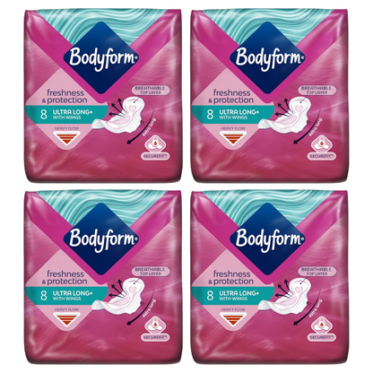 Bodyform 8 Ultra Long Sanitary Towels with Wings Pack of 4, 32 (8 x 4 Packs)
