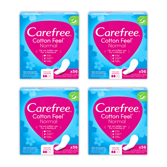Care Free Cotton Feel Pantyliners Unscented 56's Bundle of 4 - (224 Liners Total)