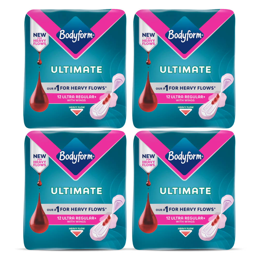 Body Form Ultimate Ultra Regular+ Heavy Flow with Wings - Bundle of 4 (48 Pads Total)
