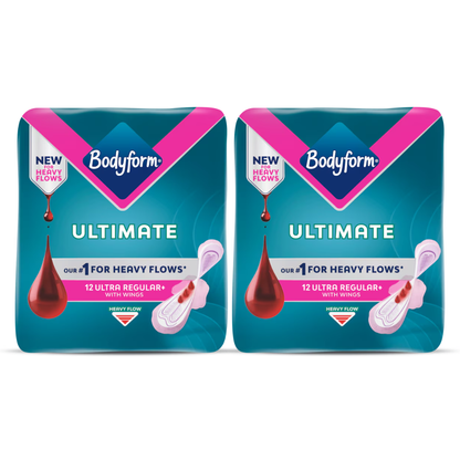 Body Form Ultimate Ultra Regular+ Heavy Flow with Wings - Bundle of 2 (24 Pads Total)