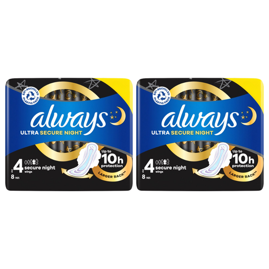 Always Ultra Sanitary Towels Secure Night (Size 4) wings, 8 pads (16 Total) Pack of 2