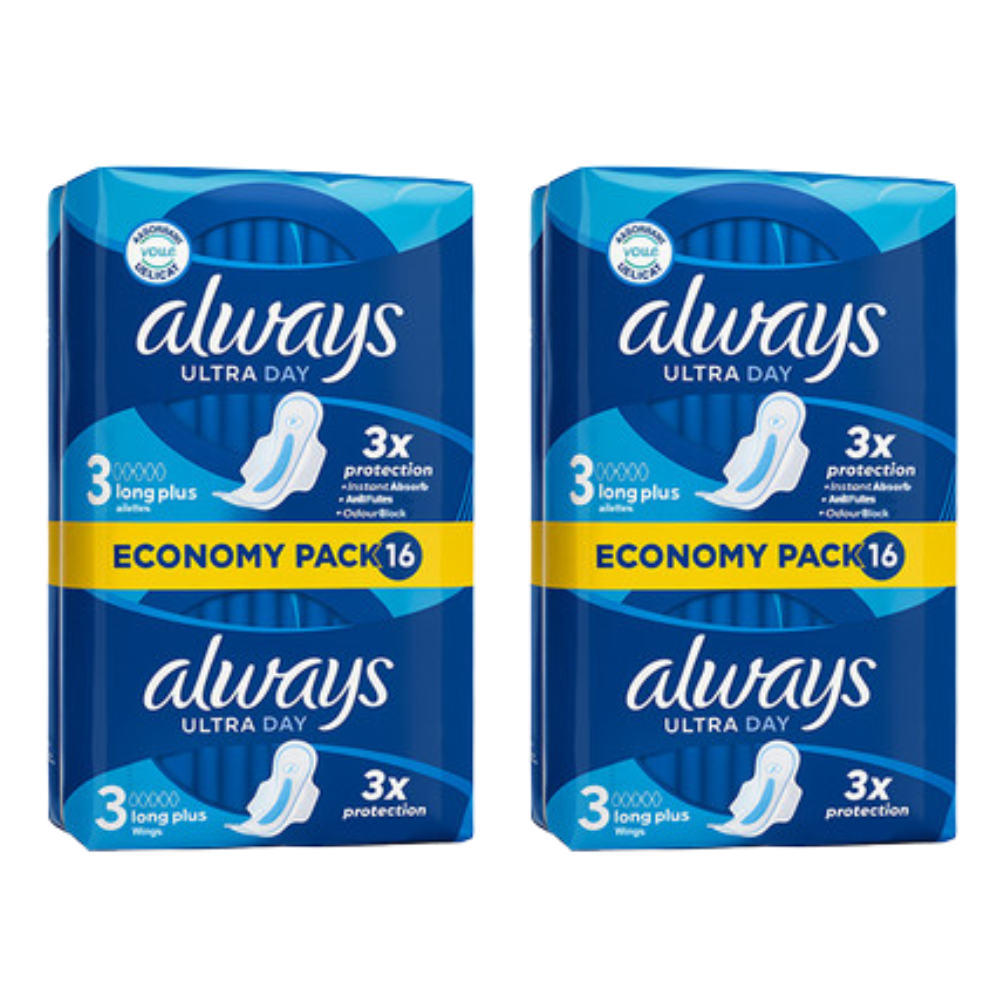 Always Ultra Day Pads Long Wings, Size 3, 3x Protection 16 Pads Bundle of 2 (Total 32)