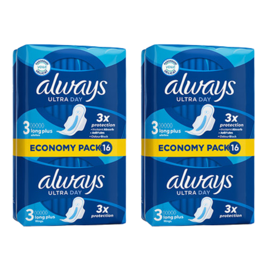 Always Ultra Day Pads Long Wings, Size 3, 3x Protection 16 Pads Bundle of 2 (Total 32)
