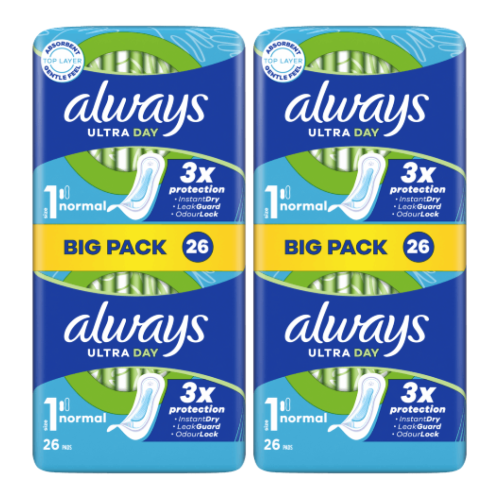 Always Ultra Day Sanitary Pads Size 1 Normal - 52 Pads (2 Packs of 26)